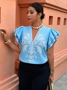 Weeklong Spring/Summer Women's Plus Size Printed Ruffle Loose Top, Casual Elegant Vacation Blouse Formal Evening Blue - Multicolor - View 3