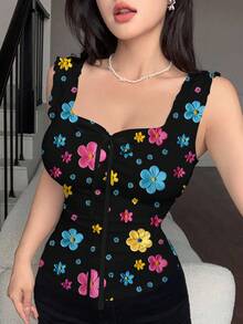 Modelyn 女款夏季蝴蝶結心形領荷葉邊修身繫腰細肩帶背心，性感可愛緊身背心，適合外出與內搭，休閒日常穿著、約會、派對，極簡無袖背心 - 黑色 - 查看 4
