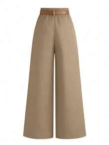 SHEIN Tall CURVE 加大码 TALL 系列女士简约褶裥直筒通勤裤 - 卡其色 - 查看 2