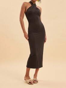 Travachic Gaun Panjang Rajut Polos Model Halter Neck Pas Badan untuk Wanita, Cocok untuk Liburan, Musim Panas, Warna Abu-abu Gelap, Elegan - Coklat - View 5