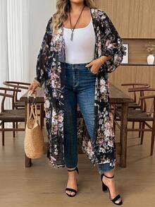 SHEIN CURVE+ 大尺碼休閒寬鬆透視開襟外套，百搭日常穿著，花卉和服風長版開襟，初秋旅行度假款 - 彩色 - 查看 4