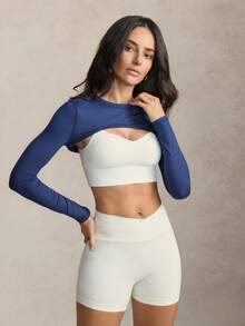 Activina Solid Color Crew Neck Tight Cropped Long Sleeve Athletic T-Shirt - Blue - View 3
