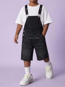 SHEIN Tween Boy Street Casual Graphic Diamond-Studded Design Loose And Comfortable Denim Drawstring Shorts Back-To-School School Grey Summer - Black - View 1