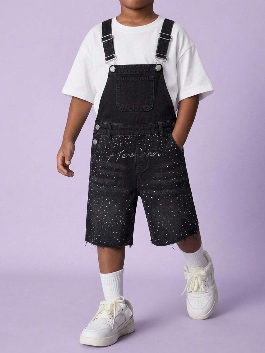 SHEIN Tween Boy Street Casual Graphic Diamond-Studded Design Loose And Comfortable Denim Drawstring Shorts Back-To-School School Grey Summer - Black - View 1