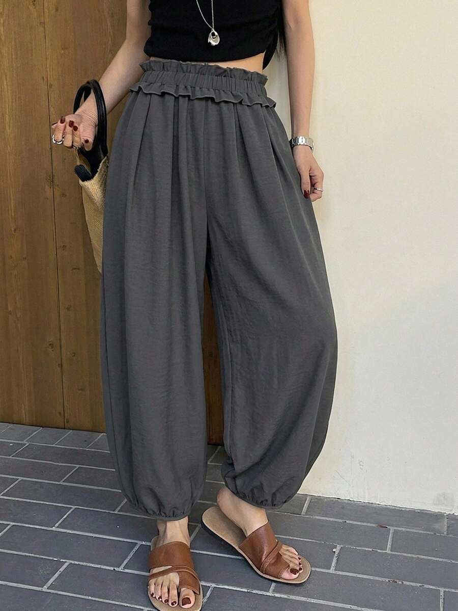 DAZY 女款純色寬鬆燈籠褲 九分長休閒度假夏季長褲 - 灰色 - 查看 1