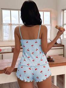 SHEIN Women's Striped Cherry Print Cami & Shorts Pajama Set - Multicolor - View 2
