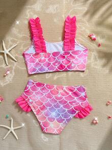 SHEIN Conjunto de traje de baño de 2 piezas para niñas con estampado de escamas de pez en degradado colorido y tirantes de hombro con volantes morados, detalles de volantes en el dobladillo, estilo fresco y lindo para vacaciones, adecuado para playa, vacaciones de verano, fiesta de natación, piscina - Rosa Fucsia - Ver 2