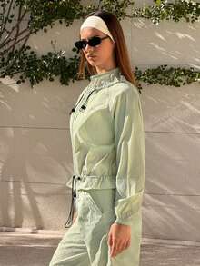 Fluxe Women Mint Green Cropped Stand Collar Zip Up Jacket Drawstring Waist Cuff Adjustable Lightweight Breathable Soft Comfort Athletic Outdoor Fall Bomber - Mint Green - View 7