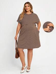 Plussiva Plus Size Striped Round Neck Short Sleeve Pocket Nursing Dress For Pregnant Women - Brown - View 1
