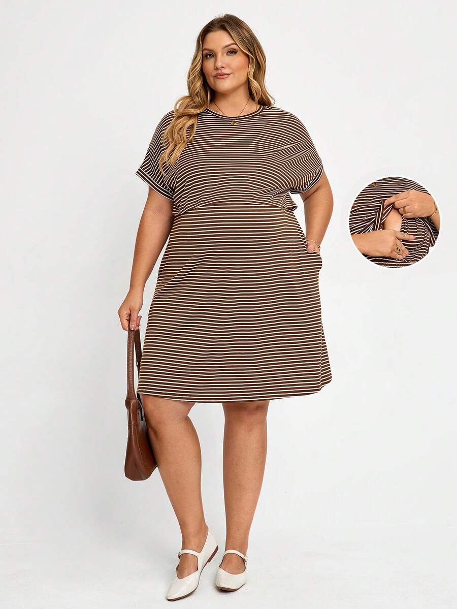 Plussiva Plus Size Striped Round Neck Short Sleeve Pocket Nursing Dress For Pregnant Women - Brown - View 1