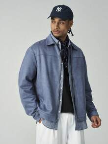 ÉpureWay Men's Long Sleeve Solid Color Zipper Jacket, Simple Casual Style For Daily Wear, For Fall - Dusty Blue - View 1