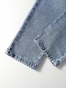 SHEIN Elladie kids 女童牛仔長褲，四季新款，時尚休閒，復古中藍色牛仔，彈性腰帶不對稱設計，後口袋蝴蝶結刺繡圖案，時尚直筒版型，柔軟舒適面料，日常百搭時尚風格，春/秋新款女童牛仔長褲 - 中等水洗藍 - 查看 7