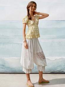 SHEIN 新款春夏黃色格紋短袖女式襯衫 - 黃色 - 查看 3