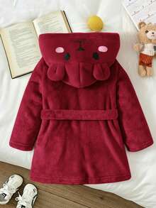 LMoss Kids 少女款針織刺繡毛絨休閒連帽秋季開襟衫居家服 - 酒紅色 - 查看 2