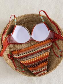 Swim Vcay Spring/Summer Women's 2-Piece Swimsuit Set, Sexy Vacation Elegant Minimalist Double Strap Patchwork Hand-Beaded Random Color Beachwear Swimsuit Set - Multicolor - View 2