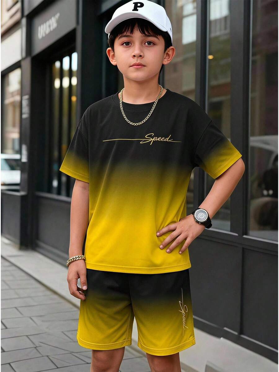 青少年男孩休閒舒適時尚簡約圓領短袖T恤與短褲套裝 - 白色 - 查看 1