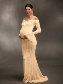 Cheriluna Maternity 聖誕派對洋裝/優雅派對洋裝/嬰兒洗禮派對洋裝 優雅露肩白色蕾絲長袖超長魚尾禮服，適合婚禮、派對 - 黃色 - 查看 7