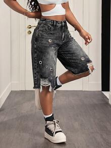 Slaydiva Women's Fashion Hiphop Distressed Pocket Denim Bermuda Shorts Outfits Shiny Pants Summer Festival For Women Beach Black Jeans Y2k - Black - View 4
