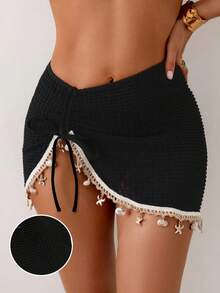 Swim Lushoire Women's Summer Beach Vacation Drawstring Ruched Starfish Shell Tassel Solid Color Special Texture Fabric Split Hem Skirt - Black - View 1