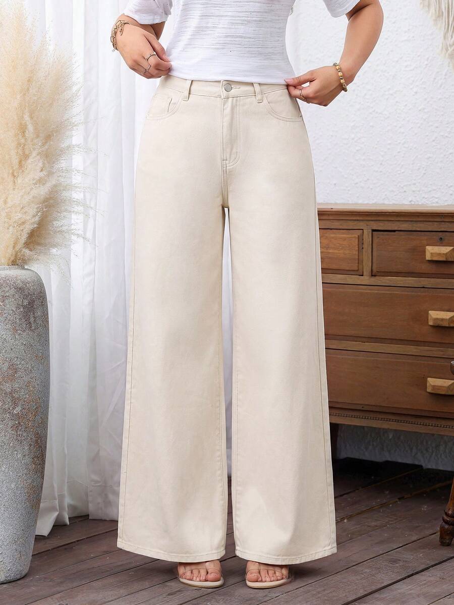 EMERY ROSE Plus Size Women's Loose Casual Denim Wide Leg Pants With Pockets - Beige - View 1