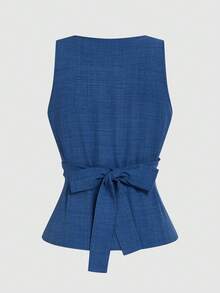 Elenzga Haze Blue V-Neck Shoulder Strap Tie-Knot Back Bow Sleeveless Blouse, Summer Metal Buckle Waist-Cinched Slimming Top For Women - Dusty Blue - View 3