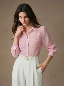 Anewsta Gentle Style Beach Vacation Long Sleeve Ruffle Pocket Creative Commute Style Women's Blouse, Holiday Outfits For Women, Casual Blouses For Women, Summer Top - Pink - View 4