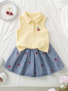 Genkimix Kids 女童樱桃刺绣无袖Polo衫和牛仔裙两件套，夏季新款可爱休闲少女风，柔软亲肤罗纹上衣+浅蓝色水洗樱桃刺绣牛仔裙 - 黃色 - 查看 4