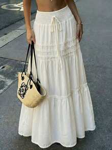 Jade & Ember Plus Size Vacation Style Tie-Front Ruffle Patchwork A-Line Long Skirt White Summer Boho Bohemian - Apricot - View 1