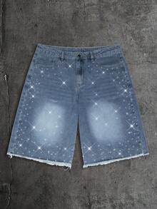 AXEPEAK Men's Black Washed Rhinestone Studded CraftsmanshipBermuda Shorts - Light Wash - View 6