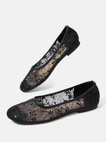 CUCCOO HITCHD Lace Round Toe Flats, Perspective Mesh Sequined Low Vamp Shoes, Commuting Dating Daily Breathable Women's Shoes - Black - View 10