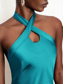 Aveloria Modichic Fashionable Elegant Slim Fit Sexy Satin Halter Neck Solid Color Dress - Blue - View 6