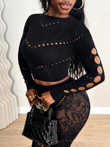 BamGleam Women's Hollow-Out Sheer Tight-Fitting 2 Pieces Set Night Out Black Summer - Black - View 7