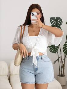 Solflare Plus Size Women's Solid Color Front Knot Short Sleeve Cropped Top Vacation White Summer - White - View 3