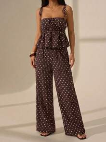 SHEIN PETITE Women's Vacation Casual Tropical Sexy Brown And White Polka Dot Print Camisole Long Pants 2 Pieces Set,Petite Beach Summer - Coffee Brown - View 9