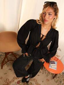 Victoria Miranda Women Plain Lace-Up Front Long Sleeve Casual Shirt, Daily Wear Winter Black Spring - Black - View 5