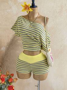 Soleia Plus Size Women's Striped Colorblock Asymmetrical Shoulder Top And Casual Sexy Shorts 2-Piece Set Beach Vacation Yellow Summer - Yellow - View 5