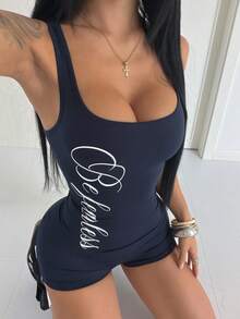 StreetHx Streetwear Casual Active Summer Women's Letter Print Sleeveless Jumpsuit Gym Navy Blue - Navy Blue - View 3