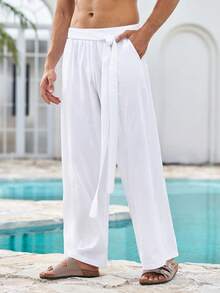 Mercer Haus New Chinese Style Men's Casual Loose Straight Leg Pants, Fashionable Korean/Japanese Straight Cut Trousers - White - View 5