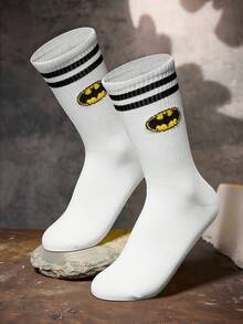 BATMAN X SHEIN 1 Pack Cartoon Pattern White Crew Socks For Men And Women - Black and White - View 7