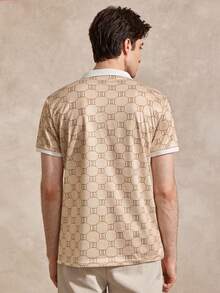 Courvante Men Summer Casual Color Block Geometric Printed Short Sleeve Polo Shirt, For Golf - Apricot - View 3