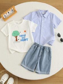 3pcs/Set Kids Young Boy Cute Summer Versatile 3-Piece Outfit Striped Short Sleeve Shirt, Patterned White T-Shirt, Blue Denim Shorts, Suitable For Daily Wear, Sports, Outings, Vacation, School, Parties, Festivals, Performances, Photography - Multicolor - View 4