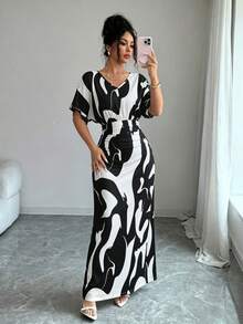 Elenzga 女士时尚印花V领短袖褶皱腰身修身浪漫优雅休闲通勤约会派对晚宴连衣裙，春夏款 - 彩色 - 查看 4