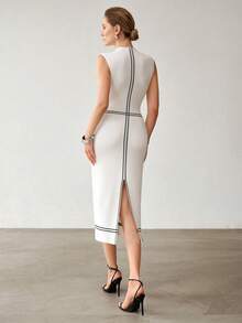 MOTF PREMIUM WOMEN'S ELEGANT CONTRAST TRIM SLIT SWEATER DRESS - White - View 4