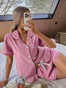 SHEIN 女士撞色滚边蝴蝶结装饰腰带翻领前襟短袖短裤睡衣套装 - 粉色 - 查看 6