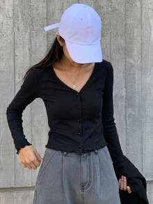 DAZY 女款純色單排扣休閒百搭日常外出長袖上衣 - 黑色 - 查看 3