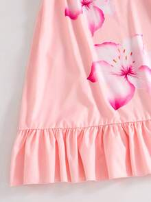 SHEIN Girls' Pink Spaghetti Strap Lace Hem Vacation Dress, Spring & Summer - Pink - View 4