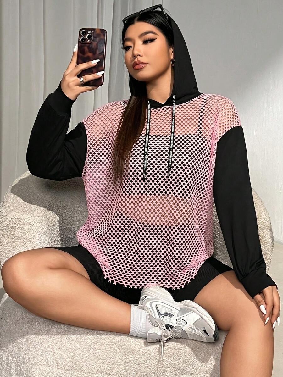 SHEIN EZwear 大尺碼女款春夏長袖休閒對比網紗透視連帽帽 T恤運動衫 秋冬適用 - 彩色 - 查看 1