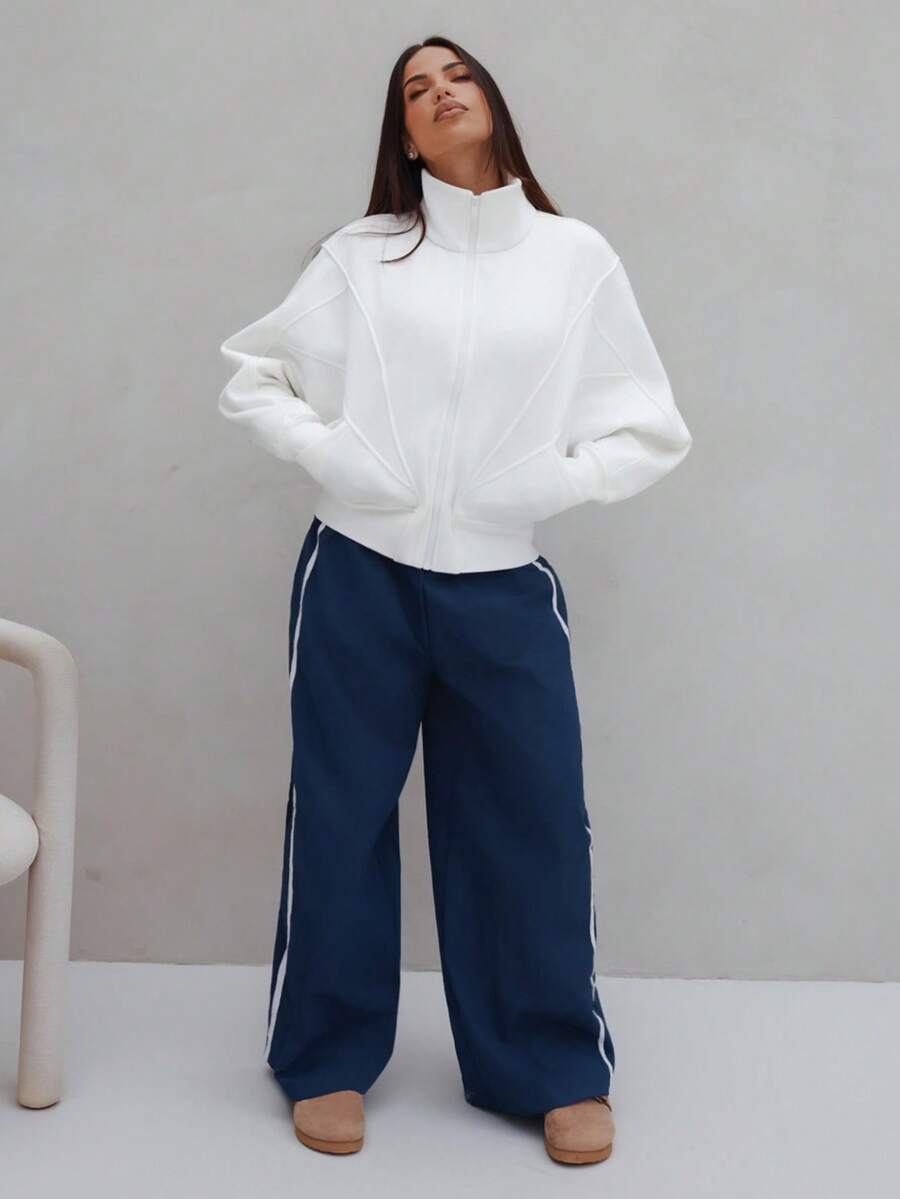 Maju Mazalli Everyday Fleece Warmth Whisperer Warm Front Back Seam Detailing Pockets Batwing Sleeve High Neckline Full-Zip Jacket Autumn Winter Sports - White - View 1