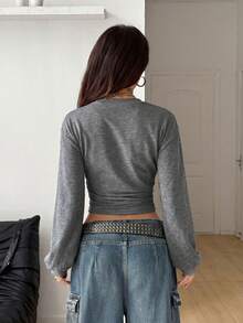 Coolane Women's Fall Back To School Basic Solid Color Pleated Asymmetrical Neck Long Sleeve Grey Sweatshirt - Dark Grey - View 2