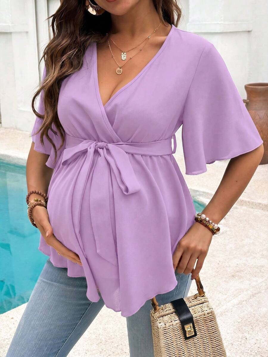 SHEIN 孕婦純色V領腰部綁帶休閒百搭日常穿著襯衫 - 紫色 - 查看 1